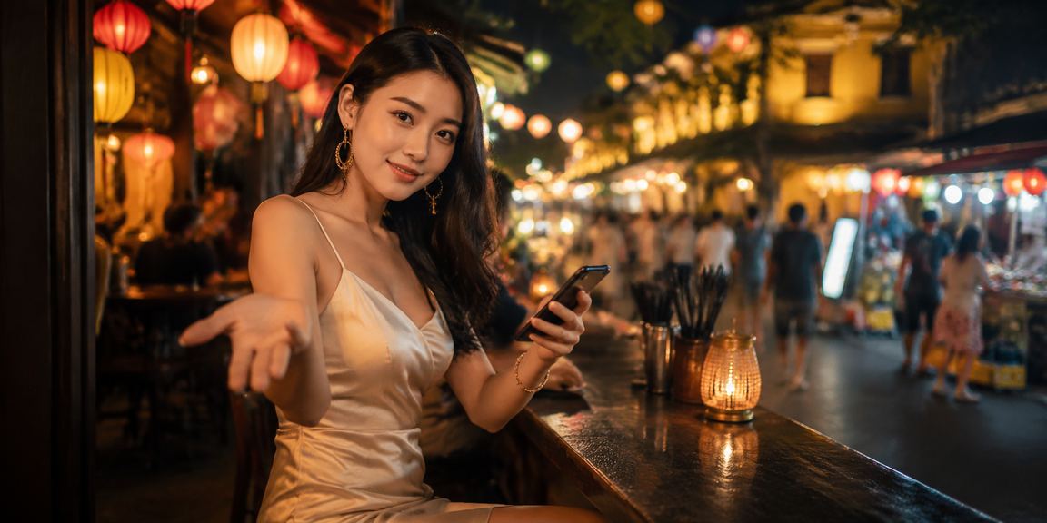 Người dùng truy cập trung tâm hỗ trợ 1250 trên điện thoại tại chợ đêm Hội An
